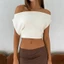 MAPLEPOET-Áo Crop top nữ màu trơn lệch vai cổ thuyền co thắt lưng