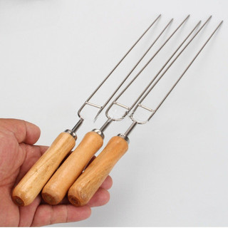Nĩa xiên thịt nướng thép không gỉ hình chữ U tay cầm gỗ, dùng cho cánh gà/chân cừu/BBQ