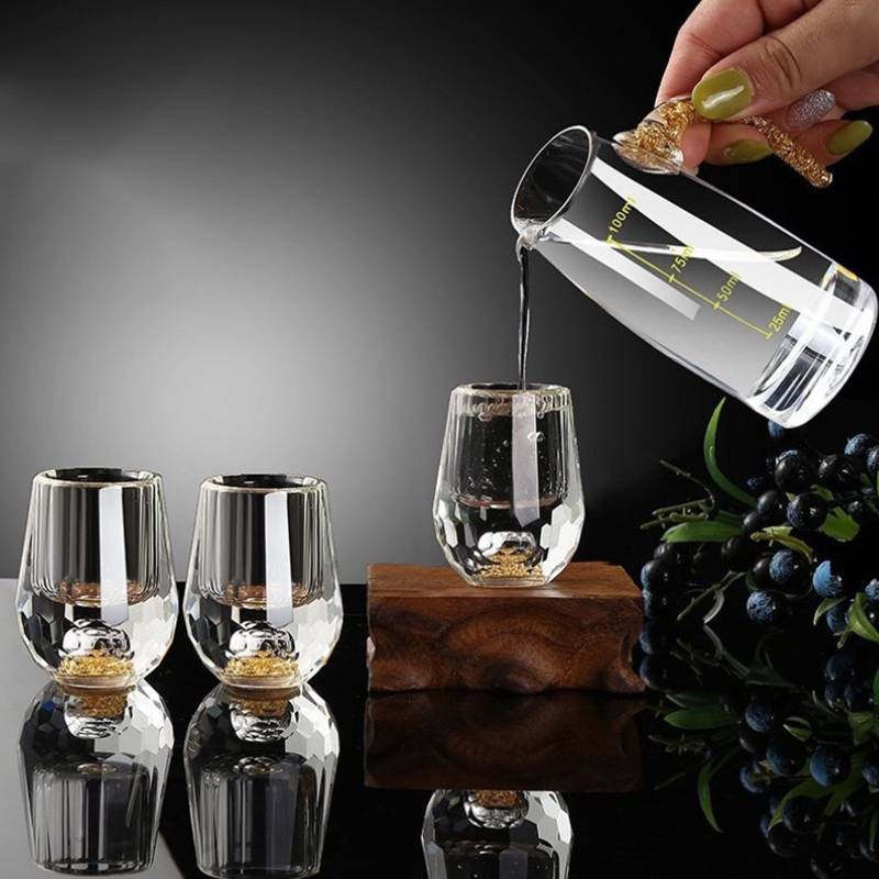 GHX Cốc thủy tinh pha lê sang trọng, đáy đôi vàng lá, dùng cho vodka/sake/shochu/trà, quà tặng cao cấp VN