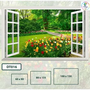 Tranh dán tường 3D cửa sổ vườn hoa tulip xanh mát – trang trí hiện đại cho phòng khách, phòng ngủ.