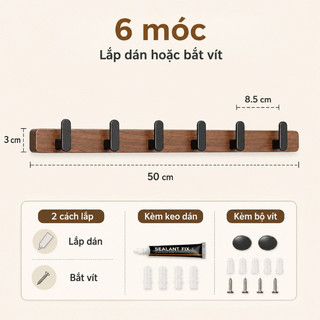 Thanh móc treo tường gỗ óc chó móc nhôm chữ L không khoan chống ẩm chịu lực treo đồ tiện dụng