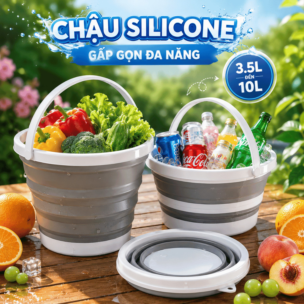 Xô Silicon Gấp Gọn HomeMate 3L 5L 10L Đa Năng, Chậu Nhựa Gấp Gọn Có Quai Xách Tiện Lợi Tiết Kiệm Không Gian