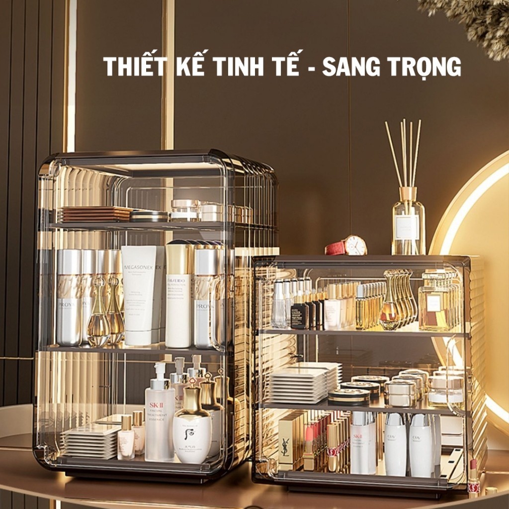 Tủ Đựng Mỹ Phẩm HomeMate 3 Tầng Trong Suốt Có Cửa, Kệ Đựng Skincare Makeup Chống Bụi Cao Cấp