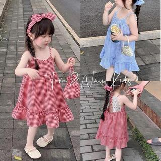 V45-[KÈM BUỘC TÓC][tomnaukids] Váy carro phối ren cho bé gái size từ 8-30Kg