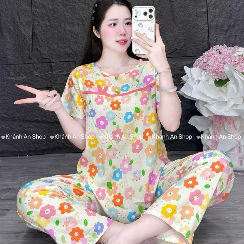 KA555-Fom Gọn Mặc Rộng Lên 1 size - Đồ Bộ Tole Lanh Nữ Áo Tay Ngắn Cổ Tròn Phối Viền Quần 8 Tấc Size 40-80kg D13