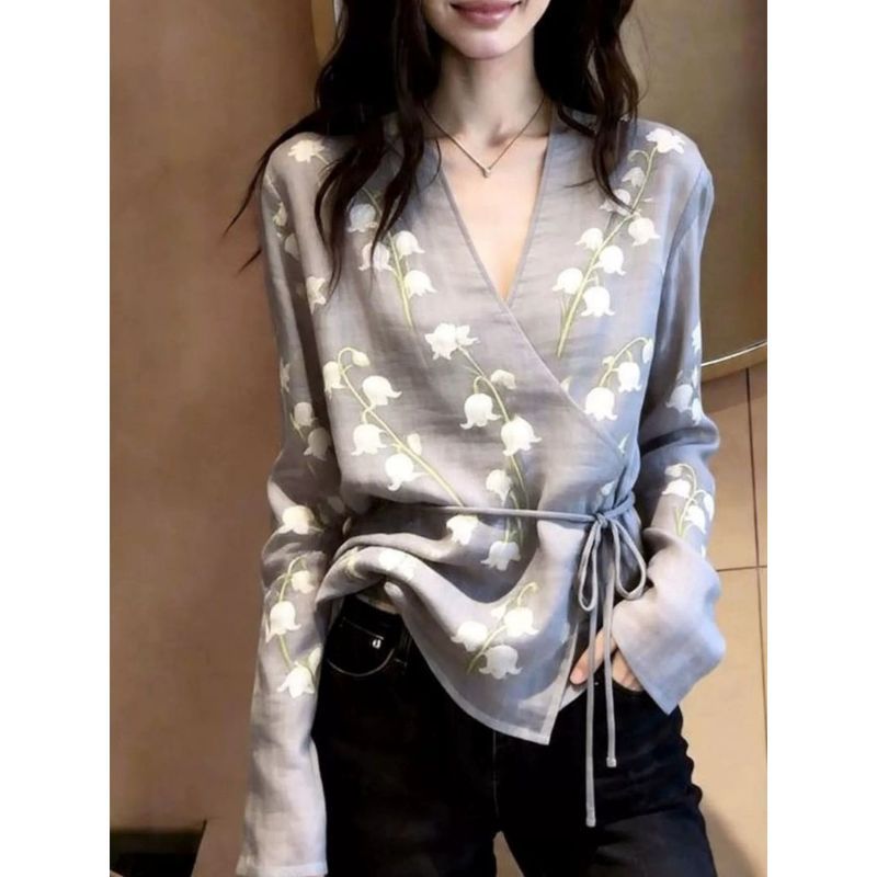 [Giảm giá trong thời gian có hạn] Áo sơ mi dài tay có dây đeo cổ chữ V phong cách Hàn Quốc