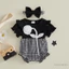 Bé Gái Mùa Hè Houndstooth Romper Tay Ngắn Cổ Tròn 3D Hoa Trang Trí Romper Có Băng Đô