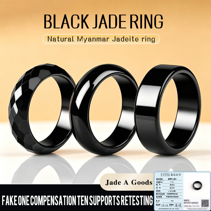 Nhẫn Ngọc Cẩm Thạch Đen Myanmar Grade A Black Jade Nhẫn Phong Thủy Bình An Có Kiểm Định