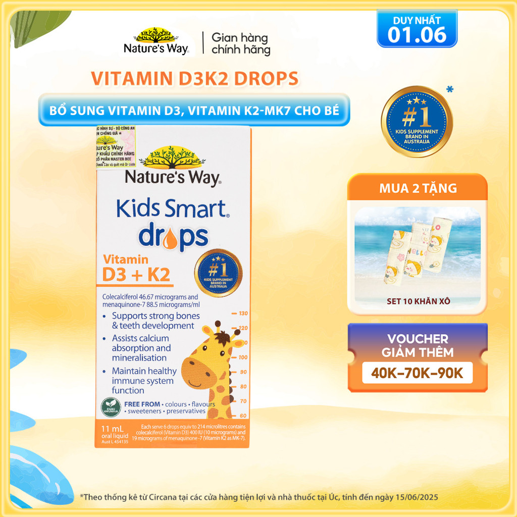 Vitamin D3K2 Nature's Way, Với Dầu Hoa Hướng Dương Organic, Giúp Bổ sung Vitamin D3, K2-MK7 Cho Trẻ Sơ Sinh Hộp 11ml