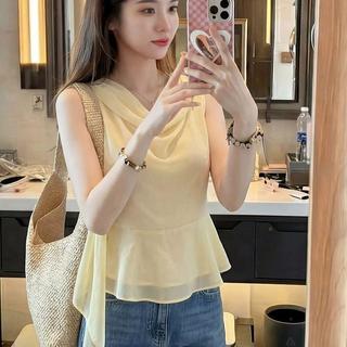 [Mặc nhỏ dễ thương] Ruy băng siêu cổ tích mùa hè 2026 Phong cách mới Nữ phiên bản Hàn Quốc Thời trang đơn giản Áo sơ mi voan không tay màu vàng tươi tinh tế