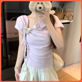 Kích Thước Lớn Ngắn Tay Áo Thun Nữ Pure Desire Ren-Up Cô Gái Ôm Hơn Nhìn Top Vải Mềm