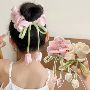 Mới Tulip Nơ Scrunchies Dành Cho Nữ Cô Gái Mềm Satin Co Giãn Dây Buộc Tóc Hoa Dễ Thương Phụ Kiện Tóc Cho Đuôi Ngựa Bun Mặc Hàng Ngày Đảng