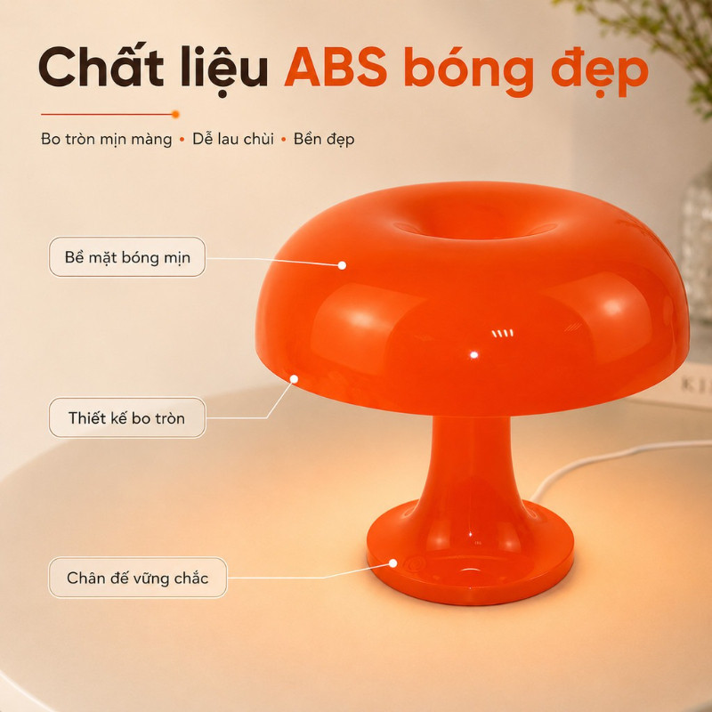 Đèn Bàn Hình Nấm Màu Cam – Chụp Nhựa Acrylic, Phong Cách Hiện Đại Tối Giản, Để Đầu Giường, Sạc USB