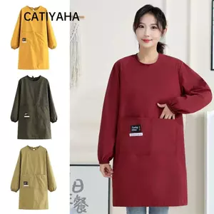 Tạp dề nhà bếp CATIYAHA, Yếm nướng bánh dài tay màu trơn, Mặt sau chéo đơn giản thoáng khí Chống bẩn Phục vụ phục vụ ăn uống Quần áo làm việc cho nhà bếp gia đình