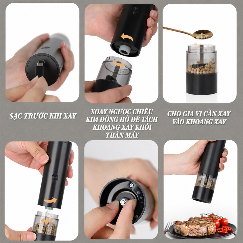 Máy Xay Tiêu điện, Sạc Type-C, Lõi Xay Bằng Gốm, điều Chỉnh độ Mịn, Xay Tiêu Muối Tự động