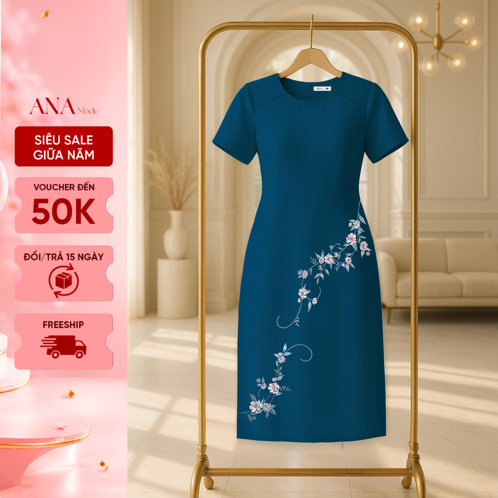 Đầm Thêu Hoa Trung Niên ANA Mode Chất Liệu Cotton Lạnh Thanh Lịch Đi Chơi Quà Tặng Mẹ DM25VBC15