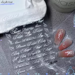 DAYBREAK Trang Trí Móng Tay, Chữ Cái Tiếng Anh Nghệ Thuật Phông Chữ Dán Móng Tay Nghệ Thuật, Vintage Đen Trắng DIY Nổi Đề Can Làm Móng Tay Viết Tay Thẩm Mỹ