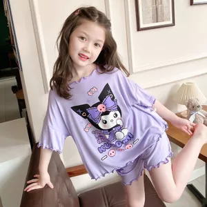 Bộ Đồ Ngủ Bằng Lụa Băng Quần Short Tay Ngắn Bé Gái Kuromi Nhỏ Giữa Trẻ Em Bé Gái Bé Homewear Phù Hợp Với