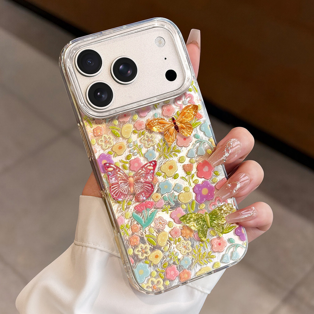 Bướm ba chiều dập nổi Thích hợp cho Apple 16promax Trong suốt iPhone17 Spring 17pro Vỏ điện thoại hoa