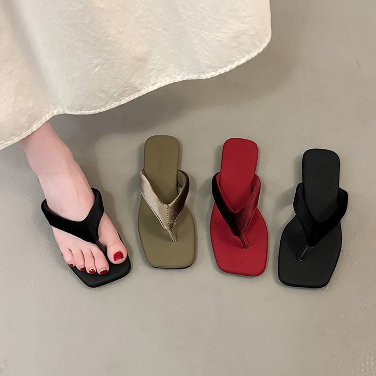 Mũi vuông mùa hè Thời trang Flip-Toe Bên ngoài Dép màu trơn PU Nữ Chống trượt Trượt Chống mài mòn @