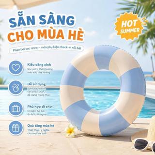 Phao Bơi Biển Tròn Vintage Sọc Xanh Kem, Phao Bơi Cứu Hộ, Phao Bơi Cho Bé