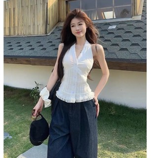 [Luni-oder] Áo Yếm Cổ Dây Màu Trắng, Áo Kiểu Nữ Sát Nách Phối Ren Bèo Dáng Ôm Đi Chơi Mùa Hè