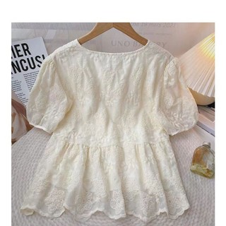 [Luni-oder] Áo Kiểu Nữ Ren Hoa Cổ Tim Tay Phồng Thêu Thủ Công Jacquard , Áo Kiểu Peplum Chiết Eo Màu Kem Thanh Lịch AK10