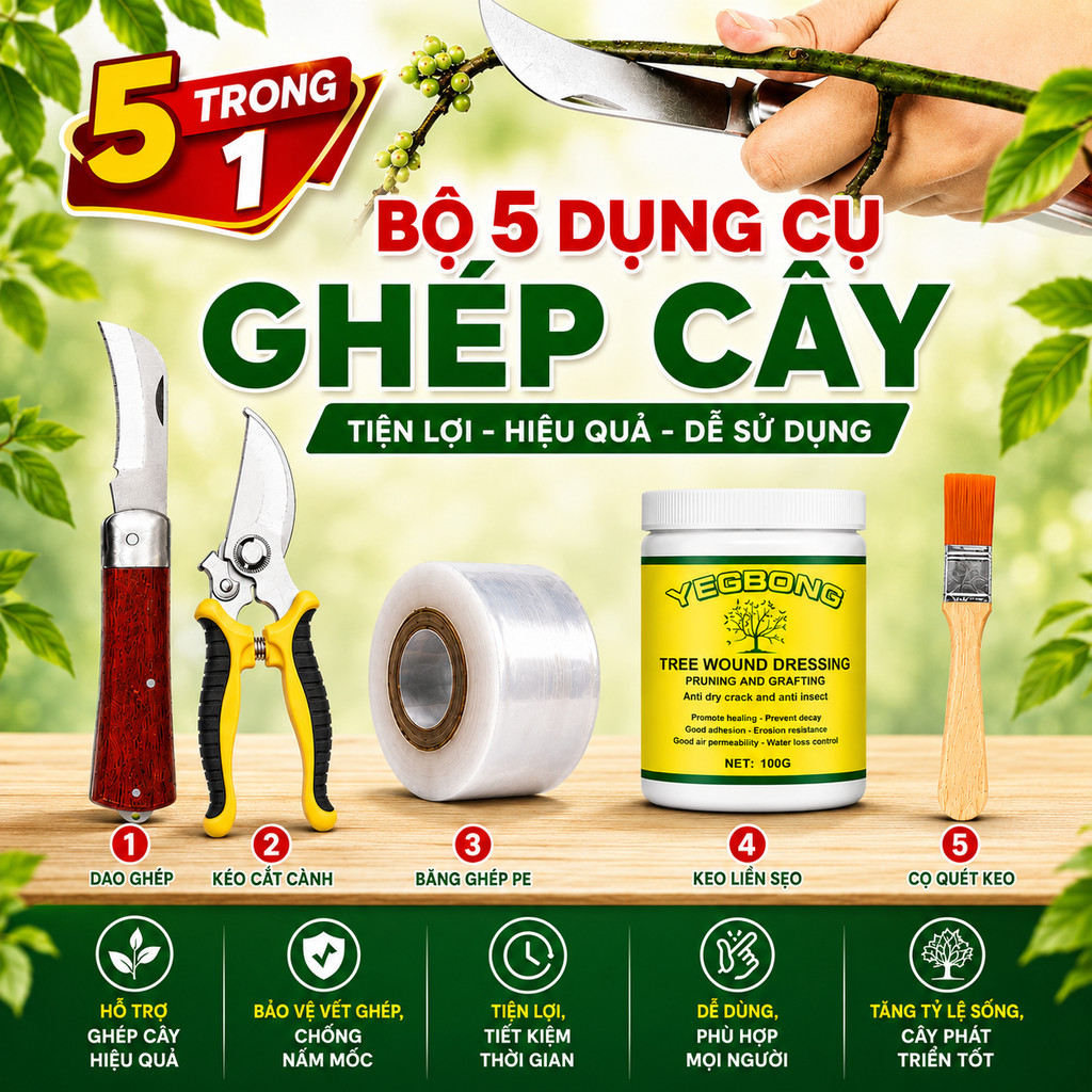 Bộ 5 Món Ghép Cây Chuyên Dụng - Dao Ghép Cong + Kéo Cắt Cành + Keo Liền Sẹo 100g + Băng Ghép Tự Hủy
