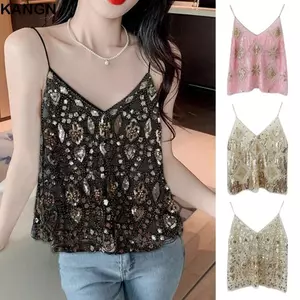 KANGN Halter Bras, Sequin Bead Slim Summer Tank Top, Cổ chữ V Bling Bling Dạo Phố Áo Vest Corset dành cho Nữ