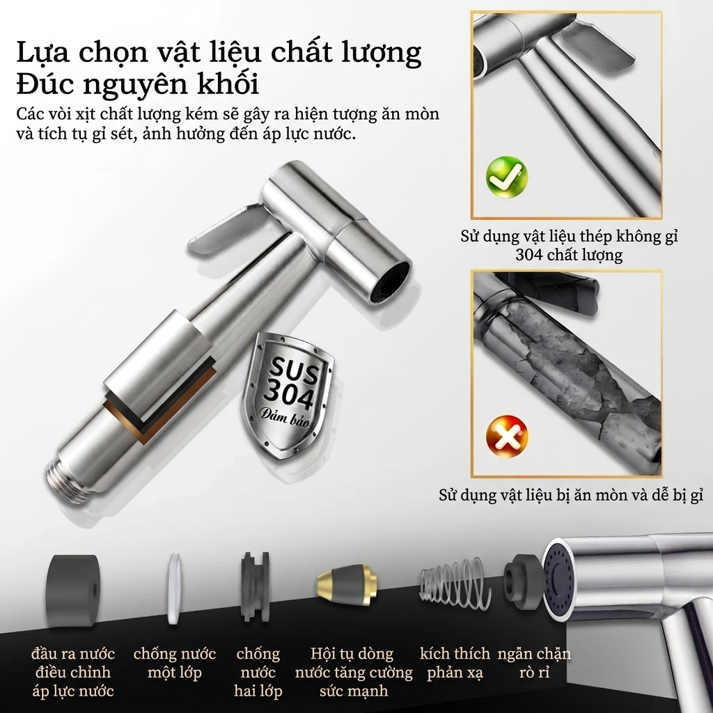 Vòi xịt vệ sinh Tăng Áp  vòi xịt toilet inox 304 kèm dây dẫn và đế cài Bảo Hành 2 Năm