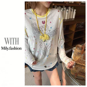Milyfashion White Star Mỏng In Hình Dài Tay Áo Thun 2026 Phong Cách Mới Rời Phiên Bản Hàn Quốc Lười Ôm Hơn Nhìn Chống Nắng Áo