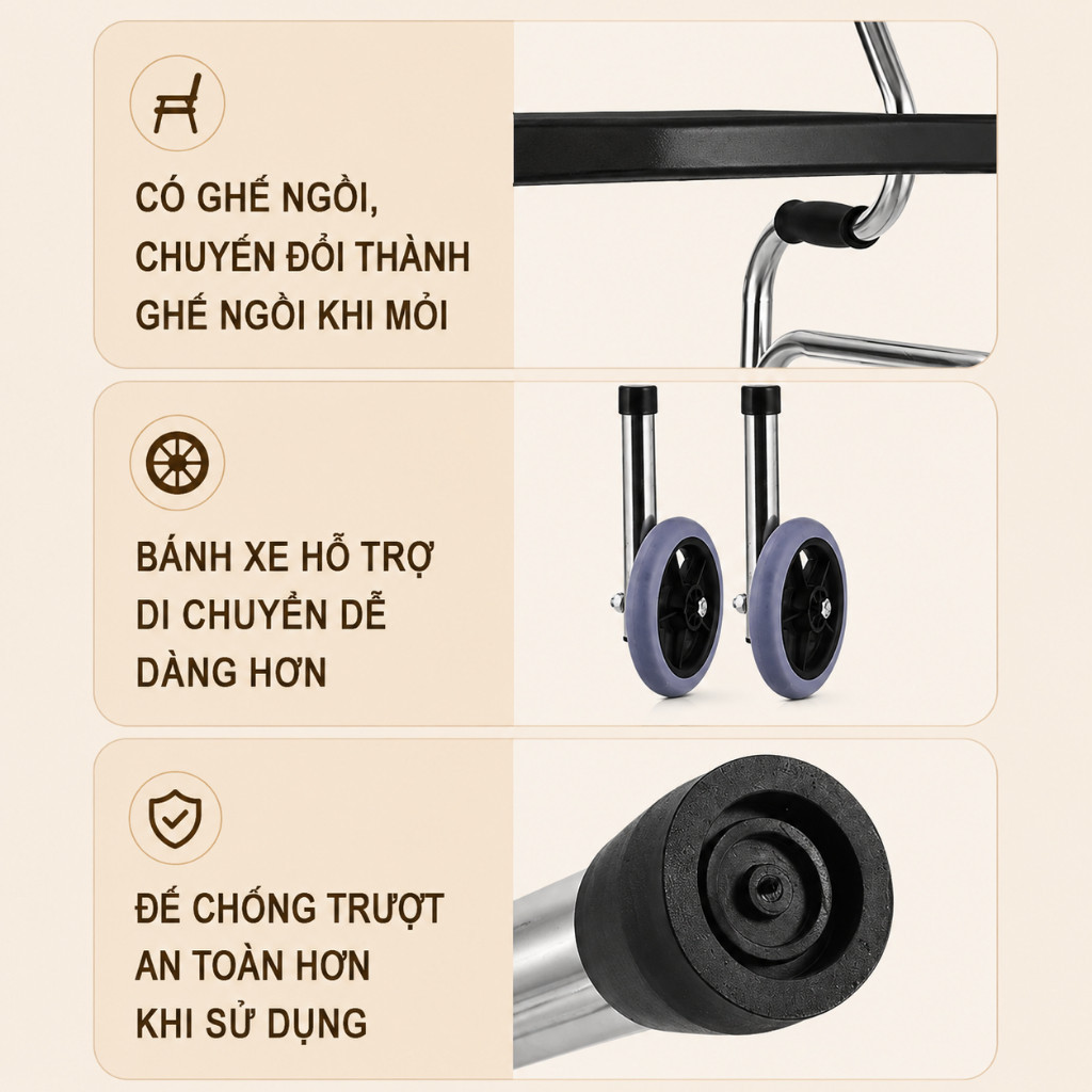 Khung tập đi inox cho người già người tai biến có ghế ngồi và bánh xe gấp gọn dễ cất giữ dụng cụ hỗ trợ đi lại an toàn