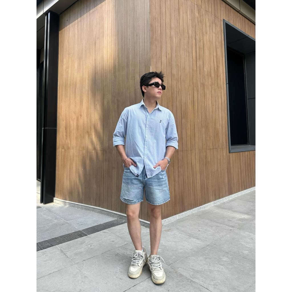 Quần Short Jean Nam DIN, Quần Bò Form Rộng Wash Xanh Chất Cotton Mềm Mịn, Dễ Mặc Dễ Phối Không Phai Màu JD749