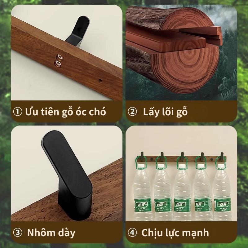 Móc treo đồ dán tường,lắp đặt 2 cách,Bản Móc Rộng,Tải Trọng Cao,chất liệu gỗ óc chó cao cấp