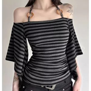 Áo thun tay năm điểm dành cho nữ Phong cách mới Pure Desire Style Slim-fit Slimer Look Tính khí hơn Sọc phù hợp