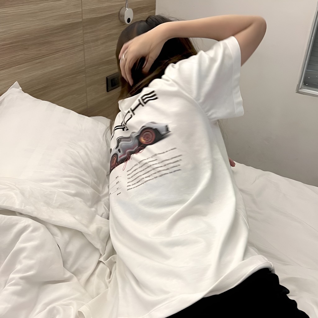 （Giao hàng 24h）Angela Áo thun nữ PORSCHE form rộng , áo phông basic unisex 260gsm cotton oversize đen