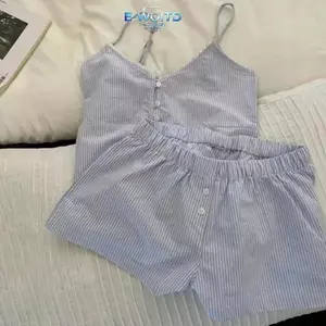 E-WOITD Suspender Quần Short Có Miếng Lót Ngực Bộ Đồ Ngủ Nữ Mùa Hè Sọc Ngọt Ngào Nhà Quần Áo Phù Hợp Với E-WOITD