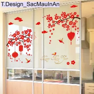 "Decal dán tường hoa đào đỏ trang trí Tết Nguyên Đán"