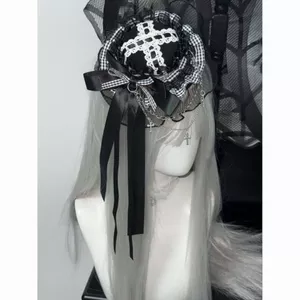 Tự Chế Văn Hóa Châu Á Tối Gothic Gothic Đen Trắng Kẻ Sọc Dây Xích Ren Top Mũ Kẹp Tóc Phụ Kiện Tóc Mũ Đội Đầu 5.24