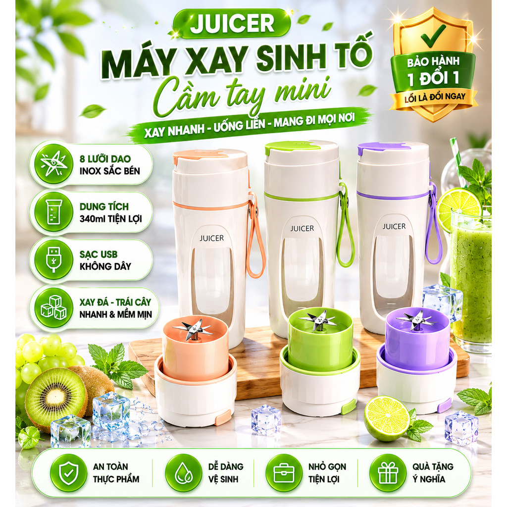 Máy Xay Sinh Tố Cầm Tay Mini Bruboses 340ml, 12 Lưỡi Dao, Pin 4000mAh, Sạc USB, Xay Đá Nhỏ