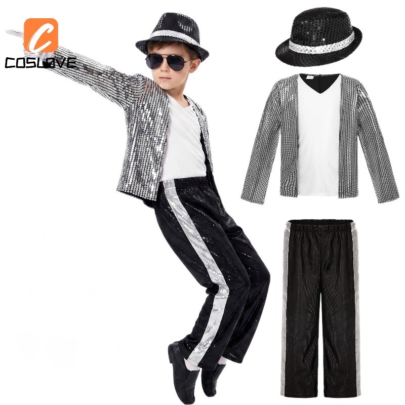 Trẻ Em Micheal Jackson Bạc Lót Áo Cosplay Quần Áo Trọn Bộ Trang Phục Trang Phục Cho Bé Trai Biểu Diễn Sân Khấu Cosplay