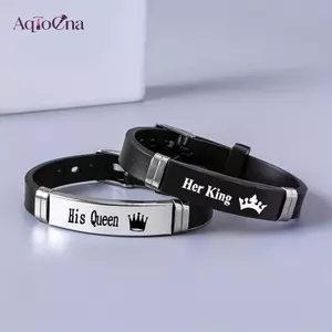 AqToCna Thép Không Gỉ Nam Nữ Thời Trang Vua Nữ Hoàng Vòng Tay Có Thể Điều Chỉnh Chiều Dài Vòng Tay Silicon Trang Sức AqToCna