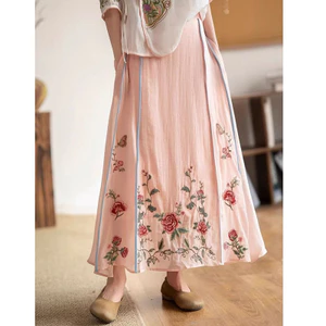 Mùa Xuân Phong Cách Trung Hoa Phong Cách Dân Tộc Công Nghiệp Nặng Thêu Co Giãn Màu Trơn Phong Cách Trung Hoa Váy Over-the-Knee Tất Cả Trận Đấu Giữa Chiều Dài Váy Nữ 5.26