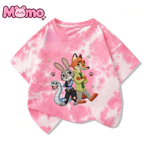 Áo cổ tròn tay ngắn in họa tiết thêu họa tiết Zootopia dành cho bé trai và bé gái