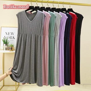 Váy cotton modal mùa hè 2023 không tay cổ chữ V, xếp ly dáng rộng dài vừa phải, trơn, phong cách nữ thường ngày