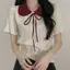 Tweeduj Mùa Hè Hàn Quốc Nơ Ngọt Ngào Cổ Búp Bê Tay Ngắn Dệt Kim Áo Thun Nữ VN