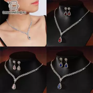 Nhíp 1 Bộ Cô Dâu Nelace Bông Tai Nước Hình Giọt Kim Cương Giả Trang Sức Phong Cách Lấp Lánh Bộ Trang Sức Cho Tiệc Cưới Quà Tặng VN