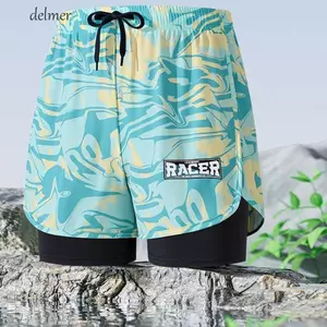 Quần bơi góc phẳng DELMER, Quần bơi nam khô nhanh L-5XL, Quần short lướt sóng dày Bộ đồ bơi phong cách năm điểm Quần bơi hai lớp