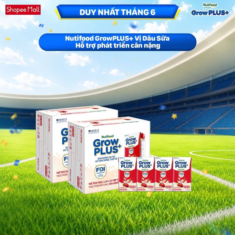 Combo 2 Thùng 24 hộp Sữa bột pha sẵn Nutifood GrowPLUS+ Vị Dâu Sữa hộp 110ml - Trên 1 tuổi