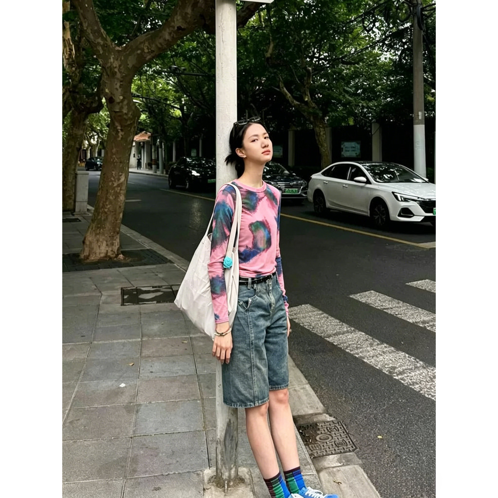 Milyfashion Loose Cao Cấp Tay Dài T Mùa Hè Phong Cách Mới Cổ Tròn Gạc Tie-Dye In Mực Smudge Kem Chống Nắng Đế